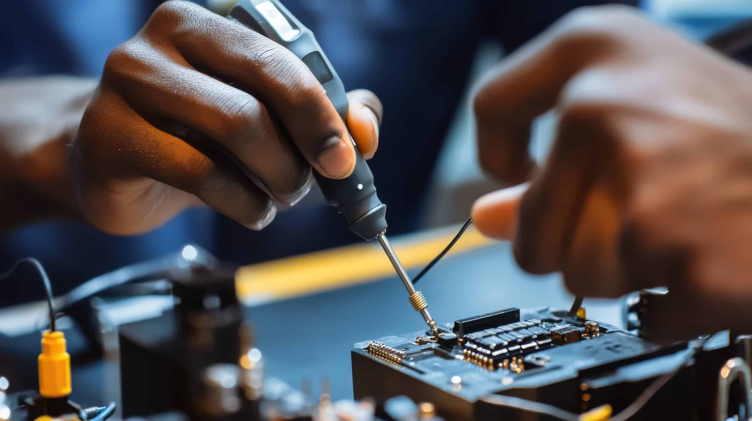 Close-up of hands using a soldering iron and tweezers to work on an electronic circuit board, assembling or repairing components with precision.