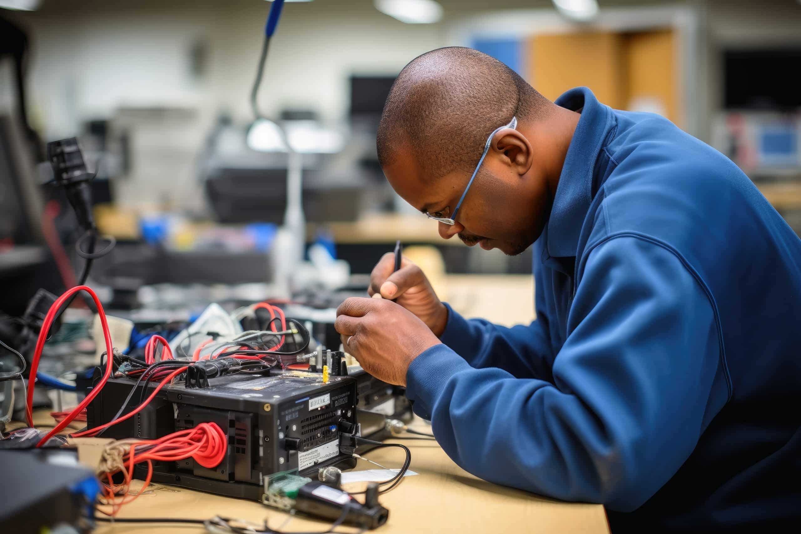 A man wearing glasses and a blue sweater works intently on electronic equipment at a desk, using tools and surrounded by wires and components in a workshop or lab setting.