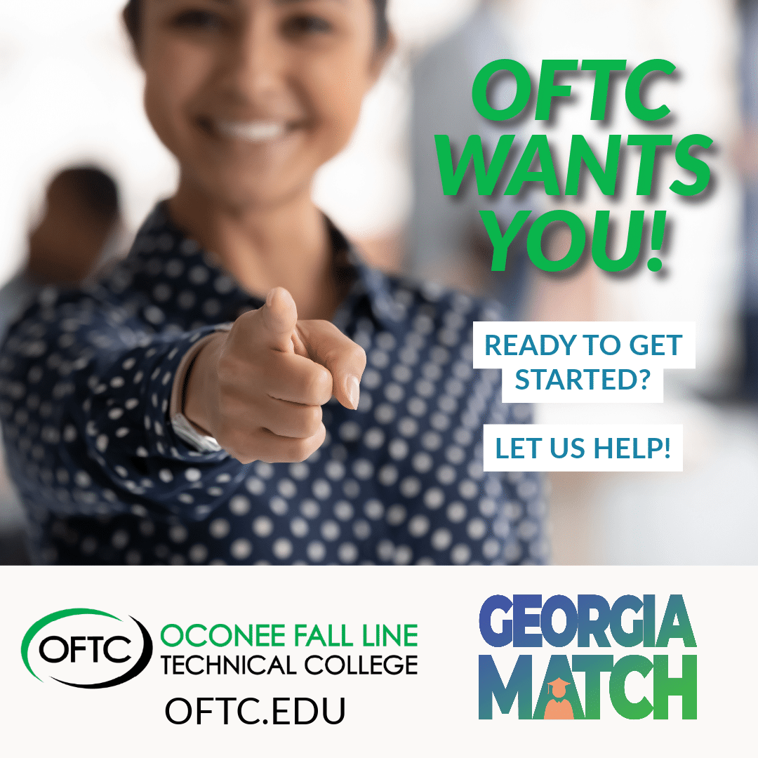 A smiling person points towards the camera. Text reads, OFTC wants you! Ready to get started? Let us help! Logos for OFTC and Georgia Match appear at the bottom.