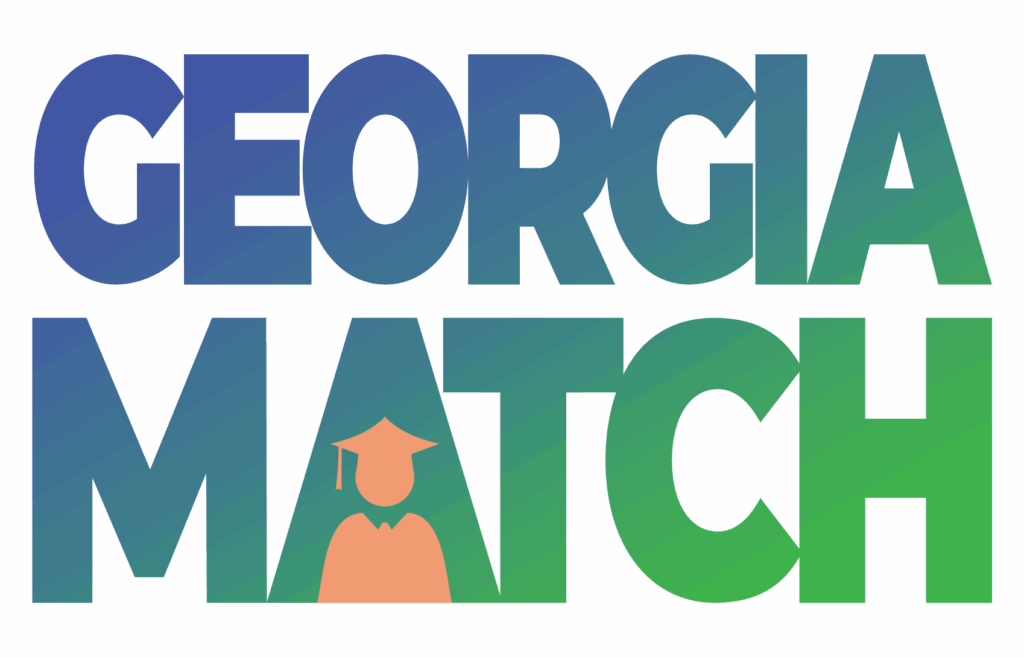 The words GEORGIA MATCH in large blue and green letters, with an orange graduation cap and gown icon replacing the A in MATCH.