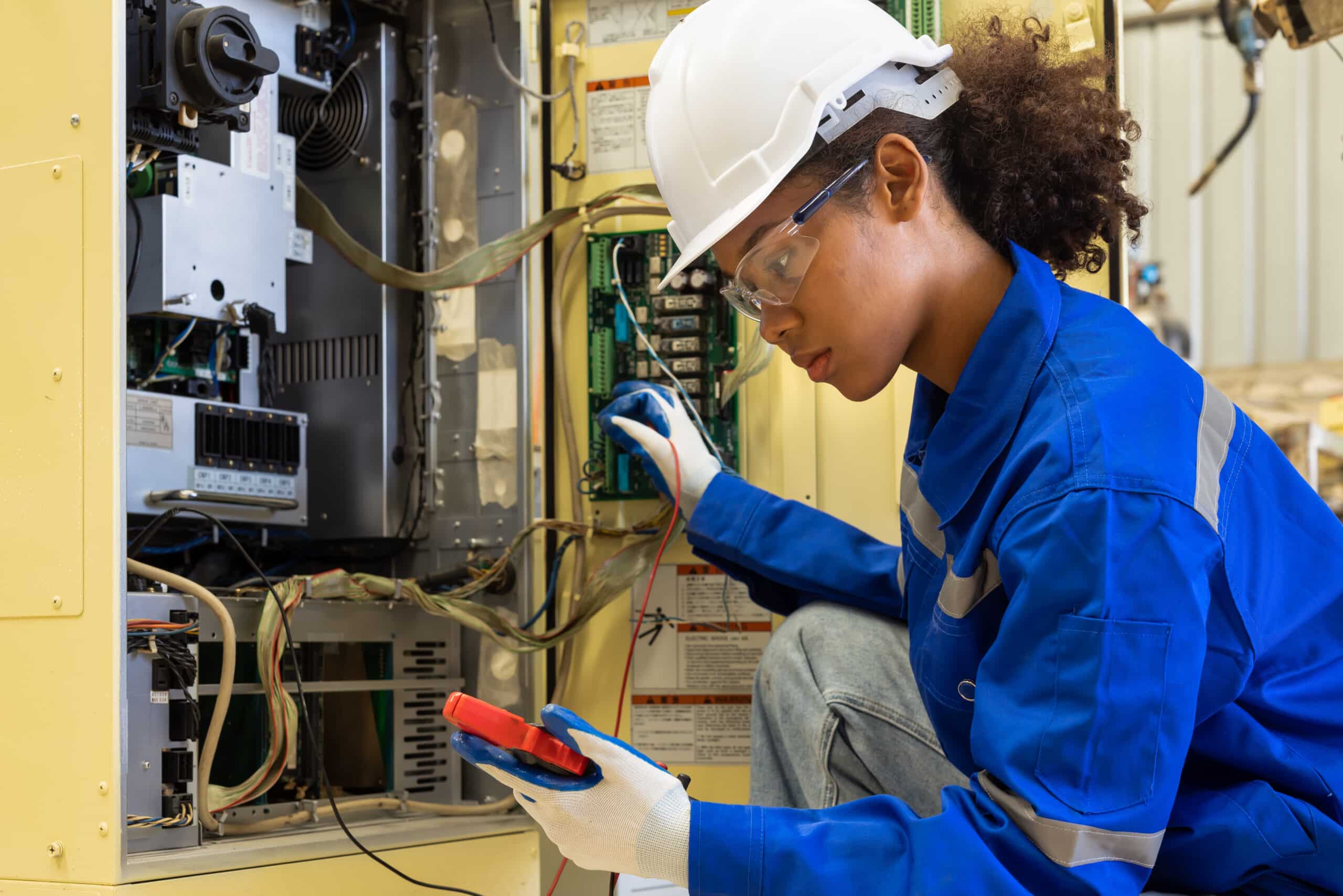 A woman in safety gear including a hard hat and gloves uses a digital multimeter to check electrical components inside an open industrial control panel.