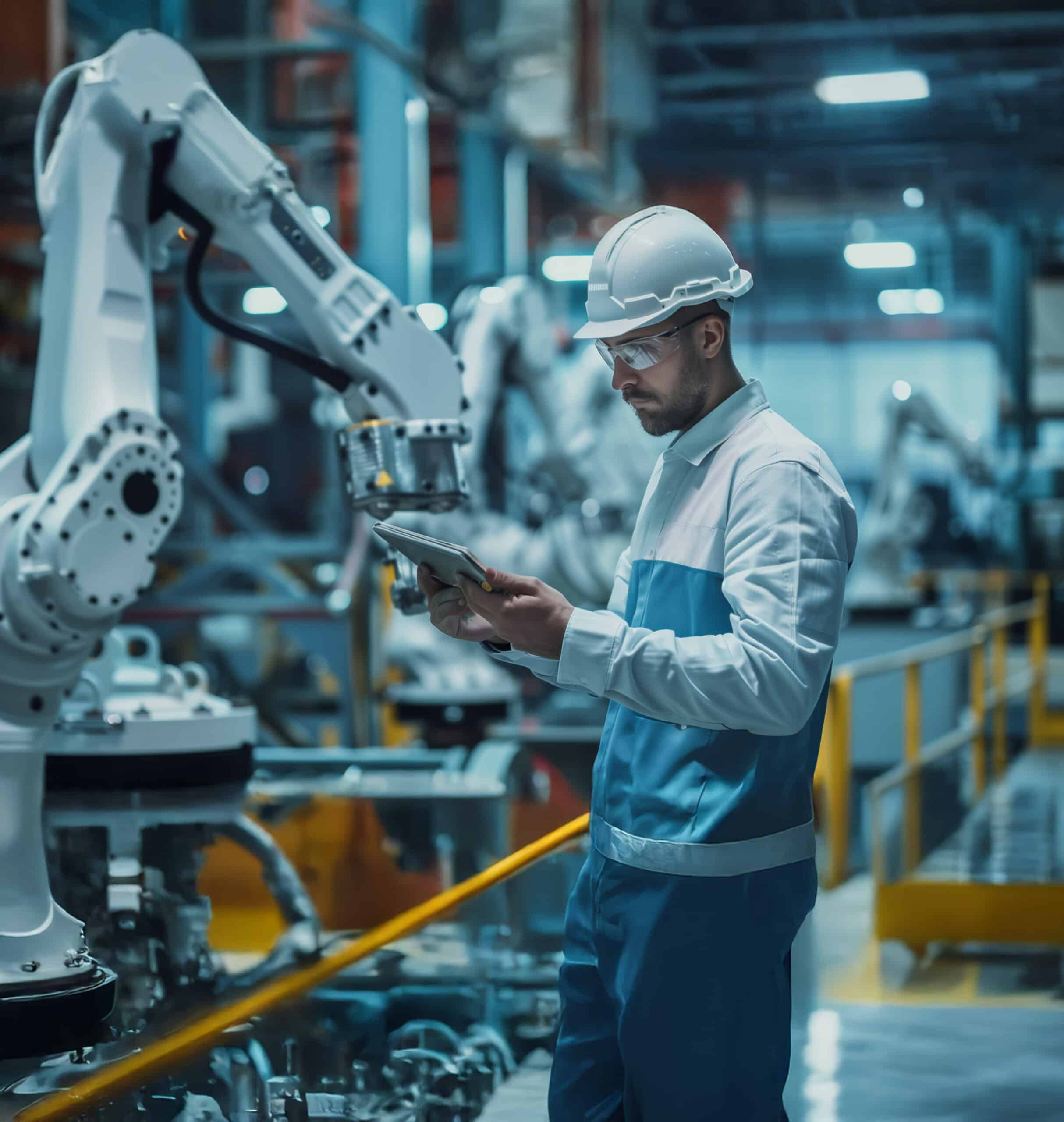 A factory worker in a hard hat and uniform uses a tablet to operate or monitor a robotic arm on an automated assembly line in a modern industrial facility.