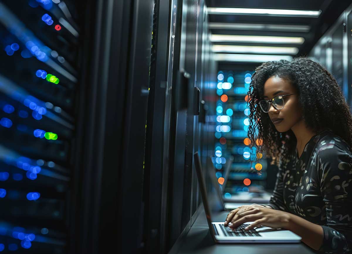 A woman with curly hair and glasses works on a laptop in a dimly lit server room surrounded by tall server racks with glowing blue and orange lights.