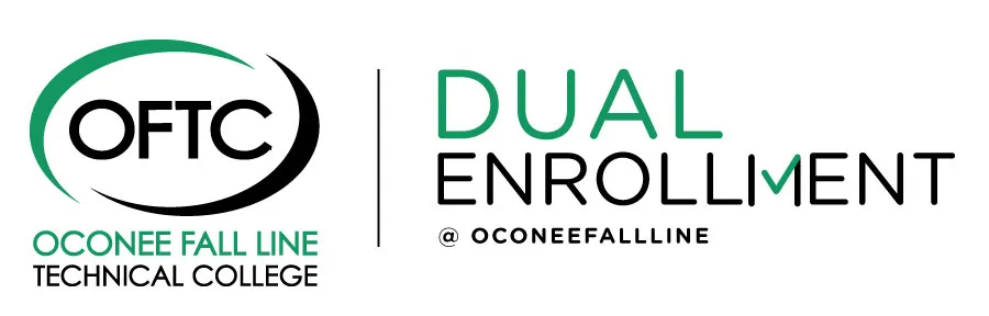 Logo for Oconee Fall Line Technical College (OFTC) Dual Enrollment program, featuring OFTC in a circular design and the words Dual Enrollment @ OconeeFallLine in green and black text.