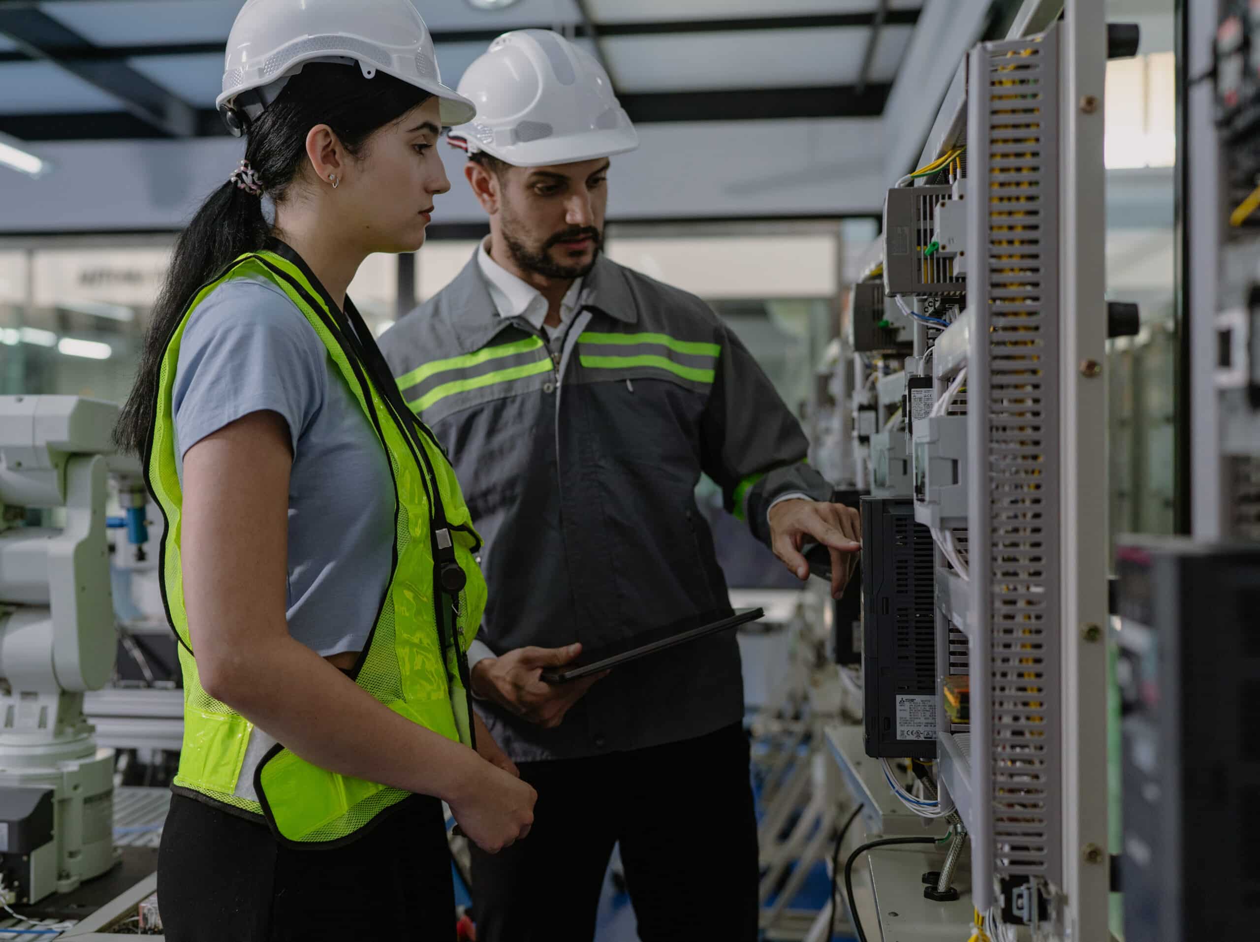 Two engineers wearing hard hats and safety vests inspect control panels and equipment in an industrial or factory setting. One holds a tablet while pointing at the panel, explaining something to the other.