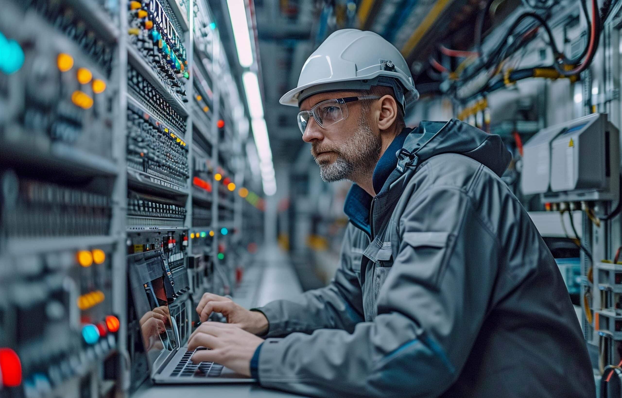 An engineer in a hard hat and safety glasses works on a laptop in a server room, surrounded by racks of servers with colorful indicator lights.