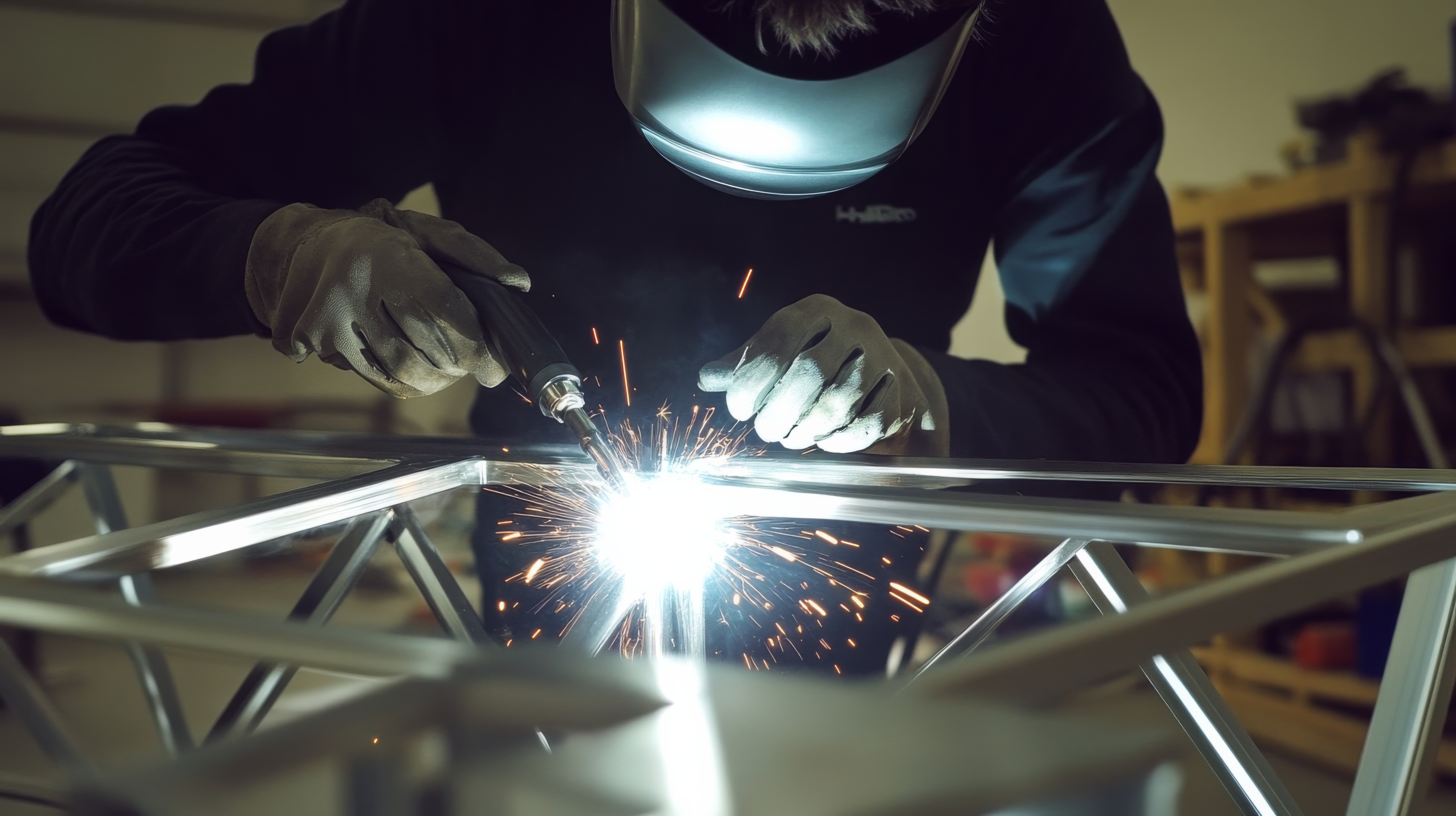 A person wearing gloves and a protective helmet welds metal beams together, creating bright sparks in a workshop setting.