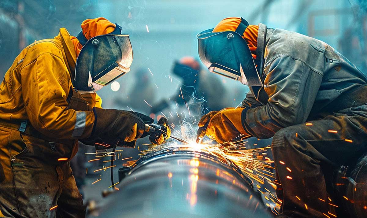 Two workers in protective gear and welding masks are welding a large metal pipe indoors. Bright sparks fly from their tools as they work closely together in an industrial setting.