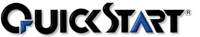 Logo for Quick Start with stylized, bold black letters. The Q and A have blue accents, and the A resembles an upward arrow.