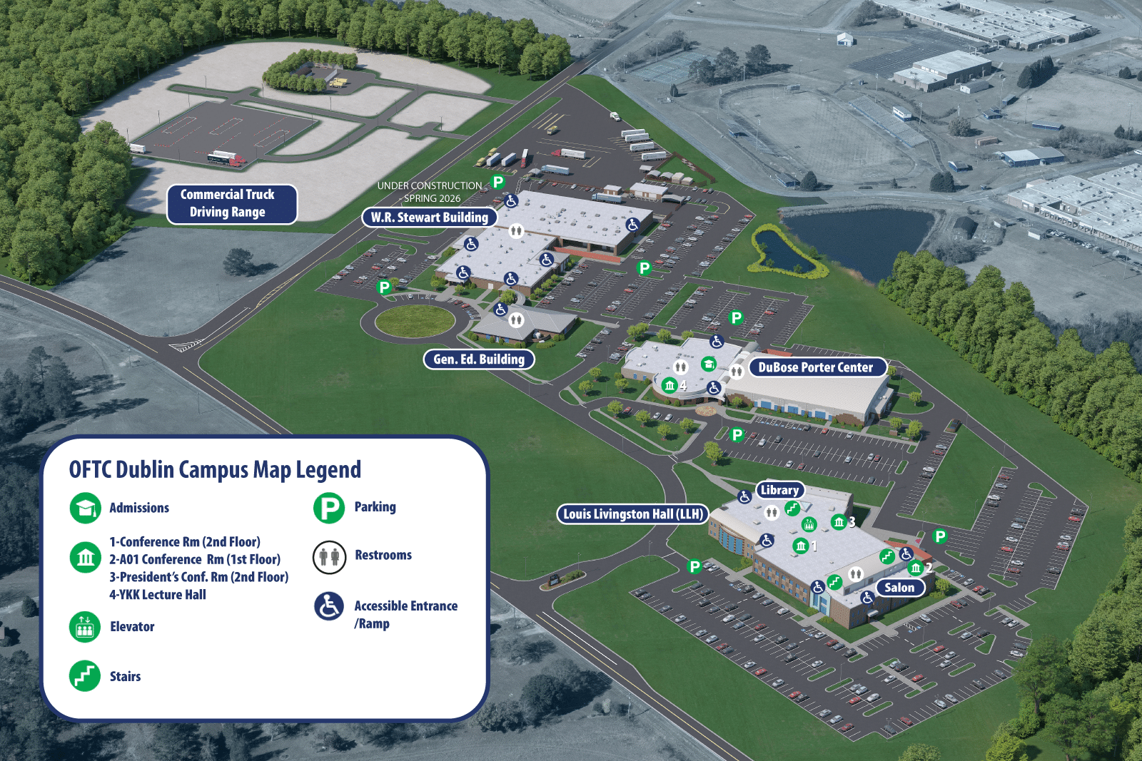 Labeled aerial map of OFTC Dublin campus with buildings, parking lots, driving range, entrances, and legends for key facilities.