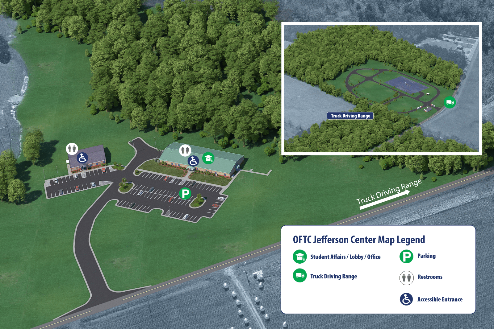 Aerial map of OFTC Jefferson Center with main buildings, parking lots, restrooms, accessible entrance, truck driving range, legend.