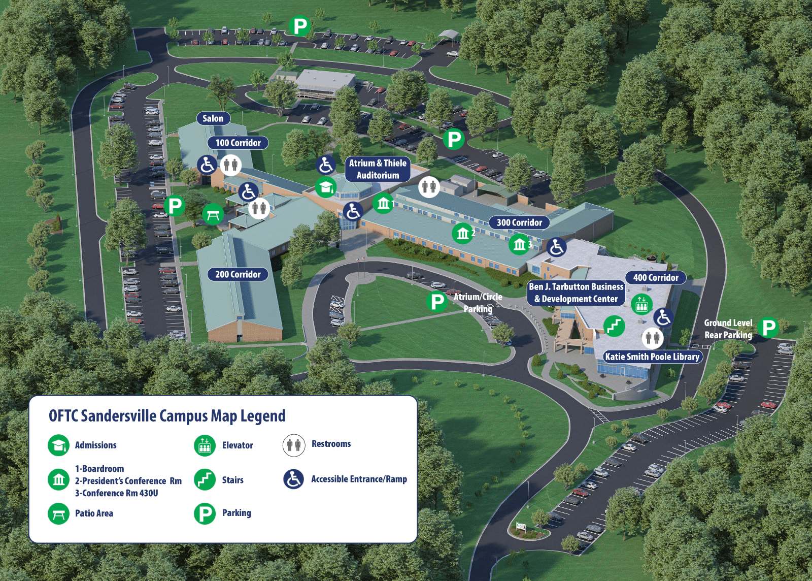 Aerial map of OFTC Sandersville Campus with labeled buildings, parking, entrances, ramps, pathways, auditorium, and classrooms.