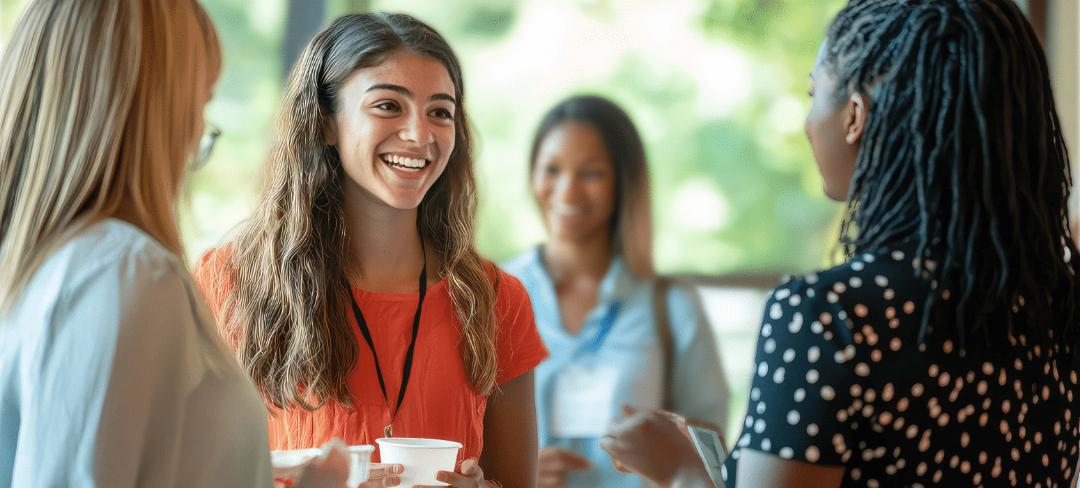 Four women stand in a bright room, smiling and chatting. The woman in the center holds a cup as they enjoy a casual conversation.