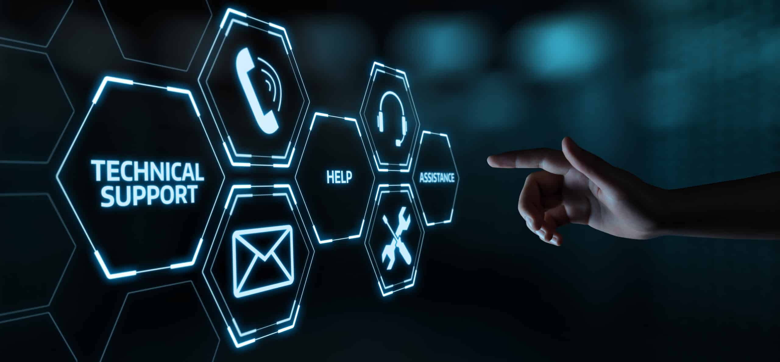 A hand points at a digital interface with glowing hexagons showing icons and words like Technical Support, Help, Assistance, and tools.