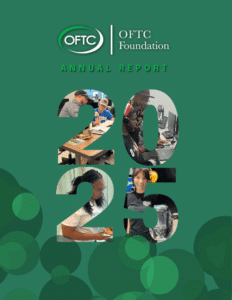 OFTC Foundation Annual Report cover with 2023 in large numbers, each filled with photos of people working and smiling, on a green background.