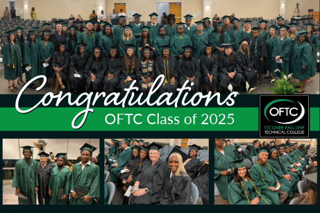 A collage shows Oconee Fall Line Technical College graduates celebrating at commencement. Text: Congratulations OFTC Class of 2025 with the logo.