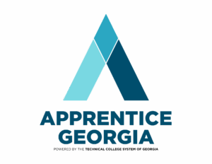 A geometric A logo with two blue shades above the bold text APPRENTICE GEORGIA. Below, smaller text reads Powered by the Technical College System of Georgia.