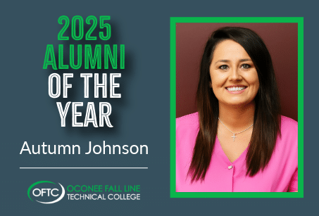 A smiling woman with long brown hair, in a bright pink top and cross necklace, next to text: 2025 Alumni of the Year, Autumn Johnson, OFTC Oconee Fall Line Technical College.