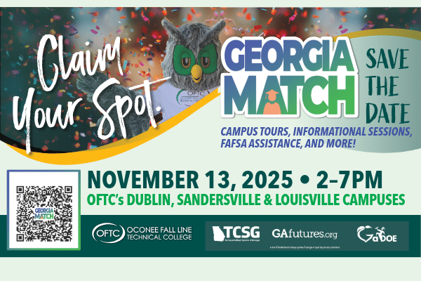 A Georgia Match promo graphic with an owl mascot, campus tour info for Nov 13, 2025, 2-7 PM at OFTC, QR code, logos, and bright text.
