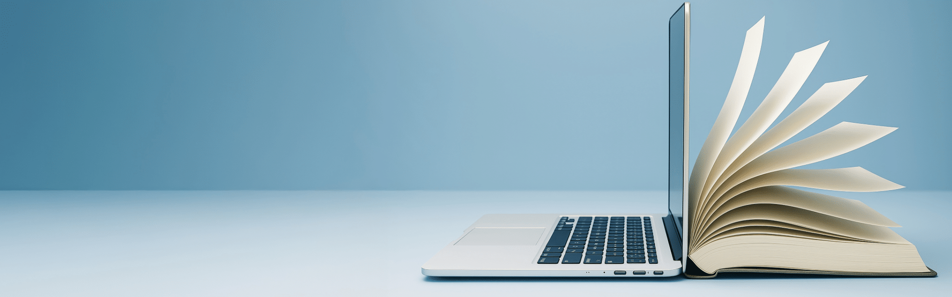 A laptop and an open book rest back to back on a light blue surface, symbolizing tech and classic learning on a blue background.