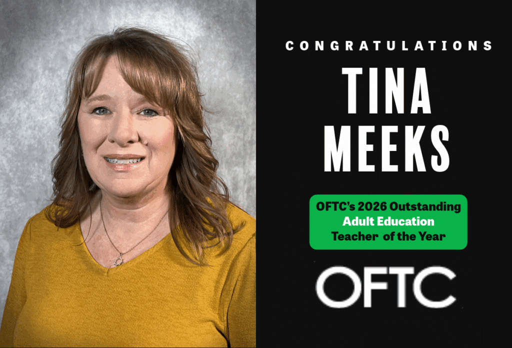 A woman with light brown hair in a mustard yellow top smiles in front of a gray backdrop. Text reads Congratulations Tina Meeks, OFTC's 2026 Outstanding Adult Education Teacher of the Year, OFTC.