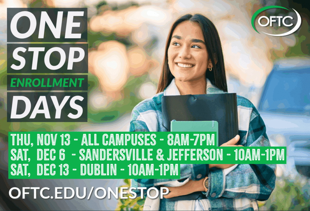 A smiling young woman outdoors holds books and folders. Text promotes OFTC One Stop Enrollment Days with campus event info and logo.