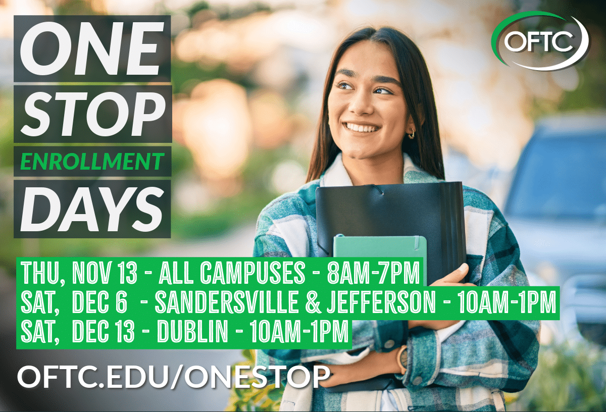 A smiling young woman outdoors holds books and folders. Text promotes OFTC One Stop Enrollment Days with campus event info and logo.