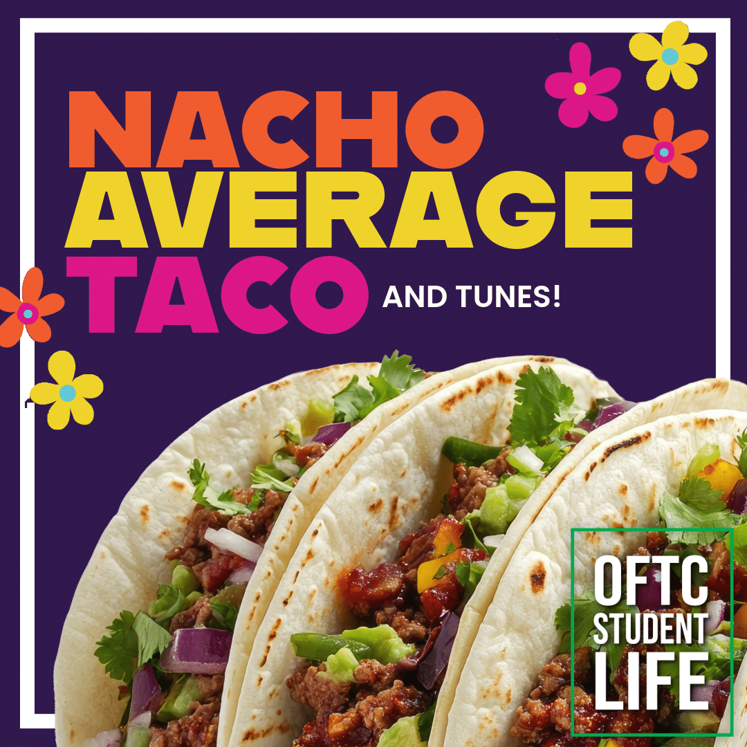 Three tacos with seasoned meat, cilantro, onions, and salsa on a purple background with colorful text and flower graphics.