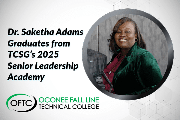 A smiling woman in a green velvet jacket stands beside text about Dr. Saketha Adams graduating; OFTC Oconee Fall Line Technical College logo below.