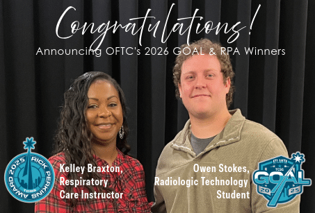 Two people smiling and standing in front of a black curtain as text congratulates Kelley Braxton and Owen Stokes as OFTC’s 2026 winners.