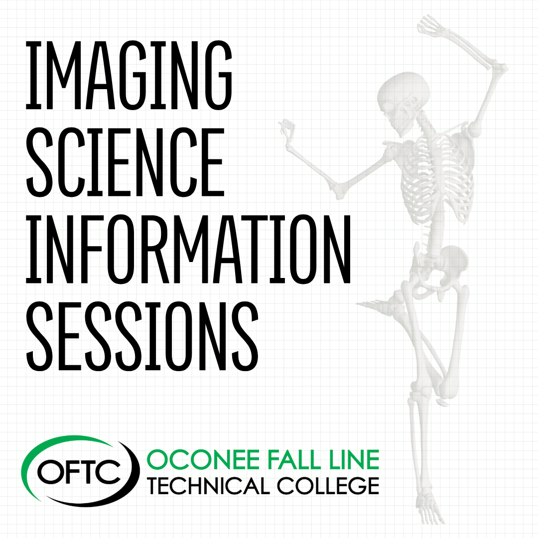 Text reading Imaging Science Information Sessions beside a faint skeleton illustration. Below is the OFTC logo and name. Light grid background.