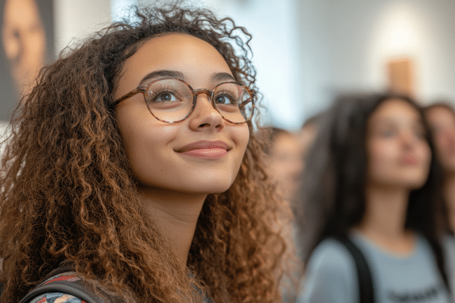 A young woman with curly hair and glasses softly smiles, looking upward in a bright room with blurred people and artwork behind her.