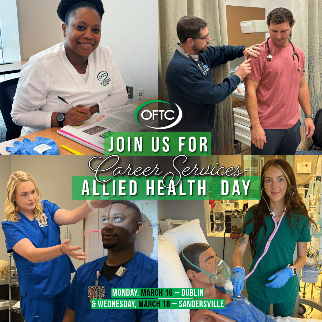 Collage of students practicing medical skills—studying, checking an ear, using equipment—promoting OFTC Allied Health Day March 16 & 18.