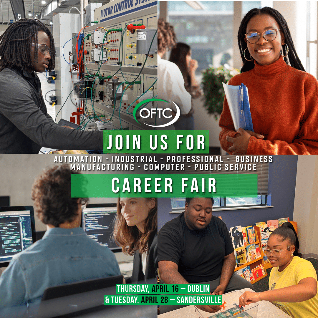 Promotional graphic for OFTC career fair with students using tech equipment, collaborating, and smiling. April 16 Dublin, April 28 Sandersville.