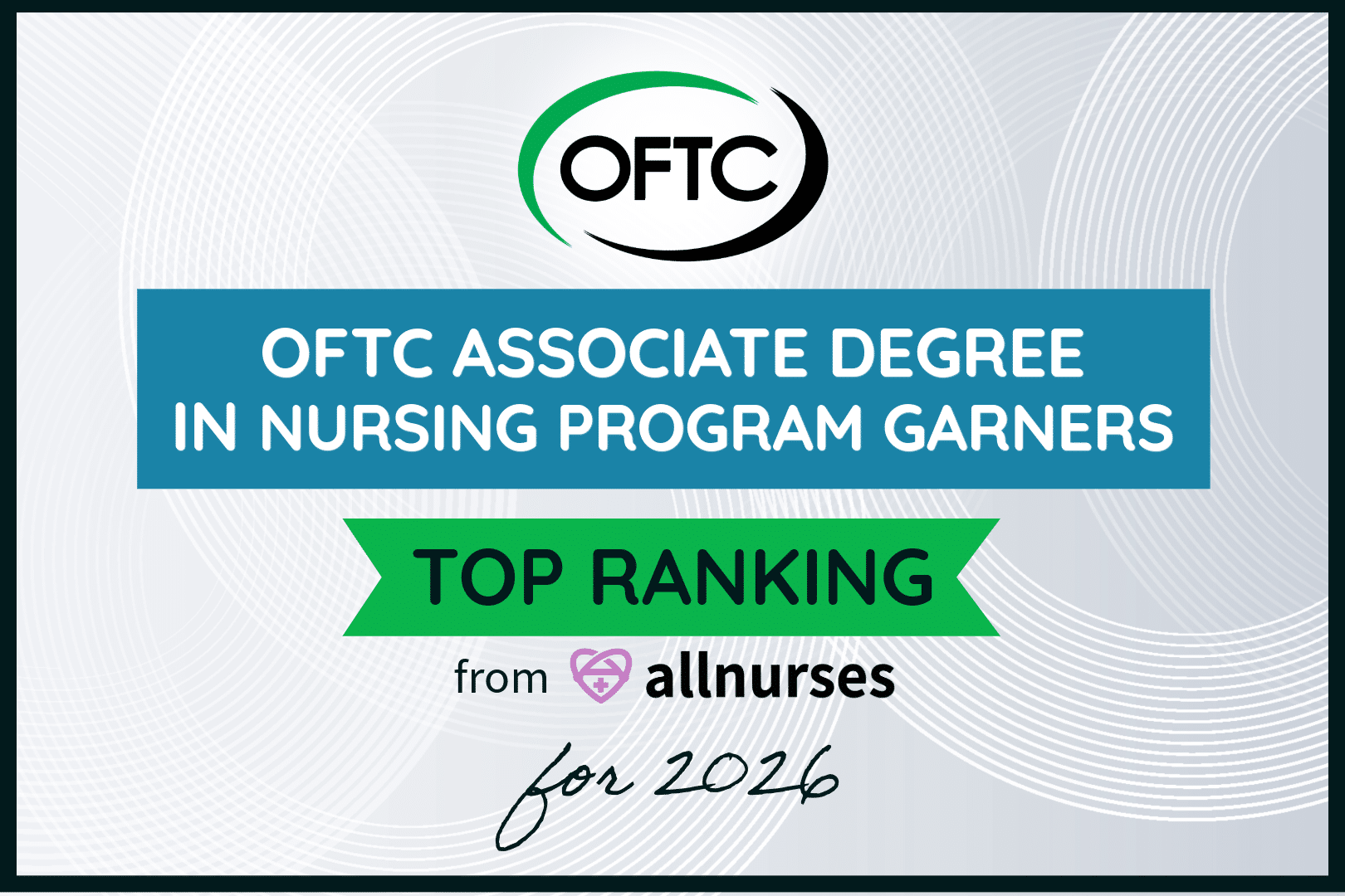 A graphic announces OFTC Associate Degree in Nursing Program Garners Top Ranking from Allnurses for 2026, with the OFTC logo and abstract circular background patterns.