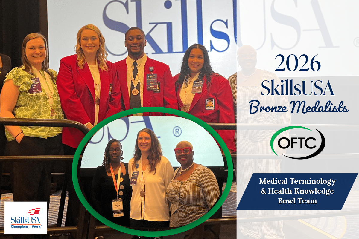 Five people stand on stage smiling, three in red jackets and two in business attire. A graphic reads: 2026 SkillsUSA Bronze Medalists, OFTC Medical Terminology & Health Knowledge Bowl Team. SkillsUSA and OFTC logos are visible.