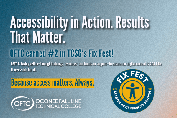 Promotional graphic for Oconee Fall Line Technical College celebrating #2 in TCSG’s Fix Fest, bold text: Because access matters. Always. Logos for OFTC and Fix Fest.