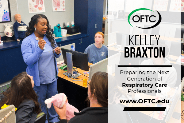 A woman in blue scrubs speaks to students at desks. Text promotes OFTC’s Respiratory Care program and www.OFTC.edu.
