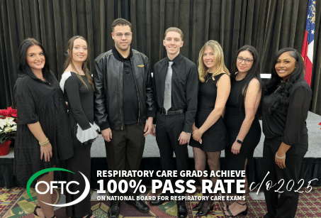 Seven people stand indoors in black attire, smiling at the camera. A graphic announces 100% exam pass rate for Respiratory Care grads, OFTC logo present.