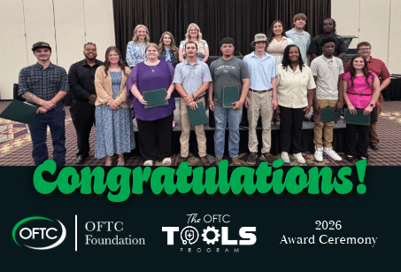A group of diverse people stand together holding certificates and smiling at a 2026 award ceremony. Text below reads Congratulations! OFTC Foundation, The OFTC Tools Program, 2026 Award Ceremony.