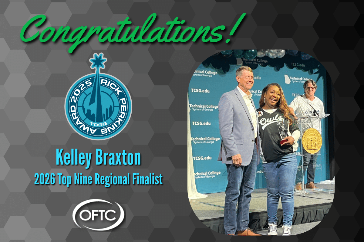 A woman holding a trophy stands next to a smiling man on stage. Text reads: Congratulations! Kelley Braxton, 2026 Top Nine Regional Finalist, Rick Perkins Award 2025, OFTC. Blue and black background with logos and banners.