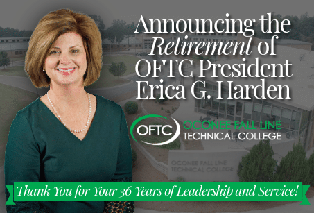A smiling woman in a green top stands before a building with text celebrating OFTC President Erica G. Harden's retirement and 36 years of service.