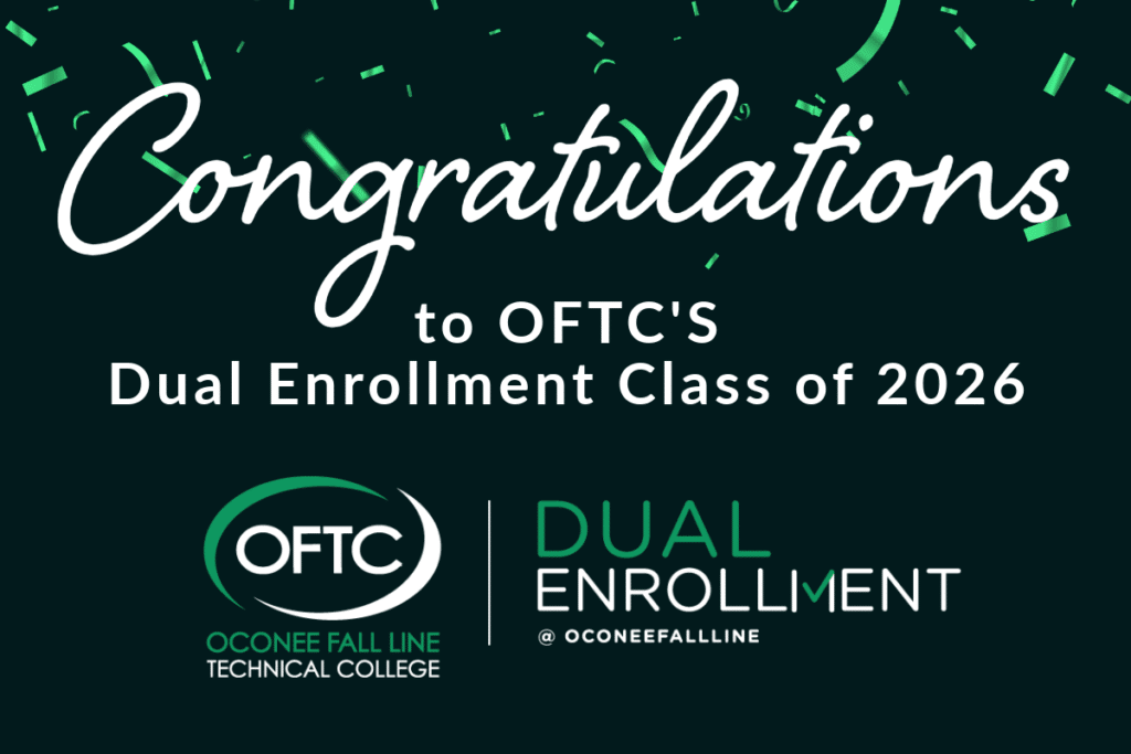 Congratulations message with green confetti for OFTC’s Dual Enrollment Class of 2026, featuring OFTC logo and program branding.