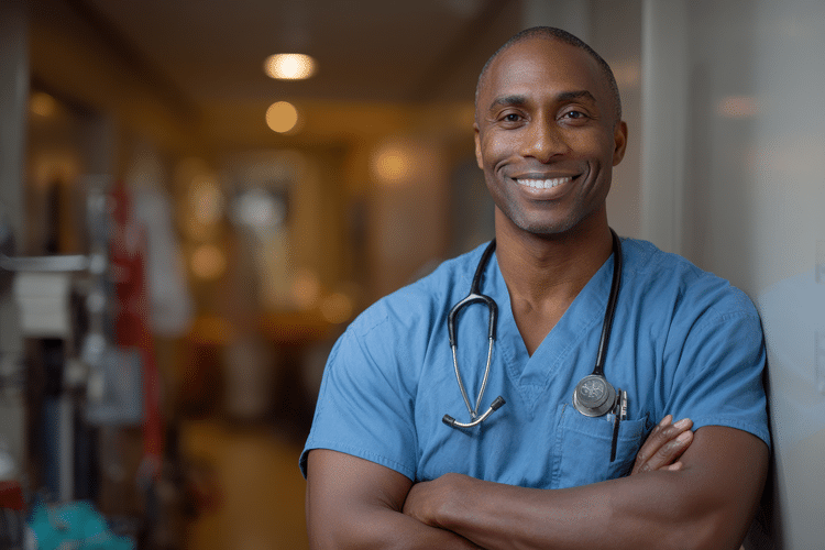 A smiling healthcare professional in blue scrubs and a stethoscope stands with arms crossed in a hospital hallway.