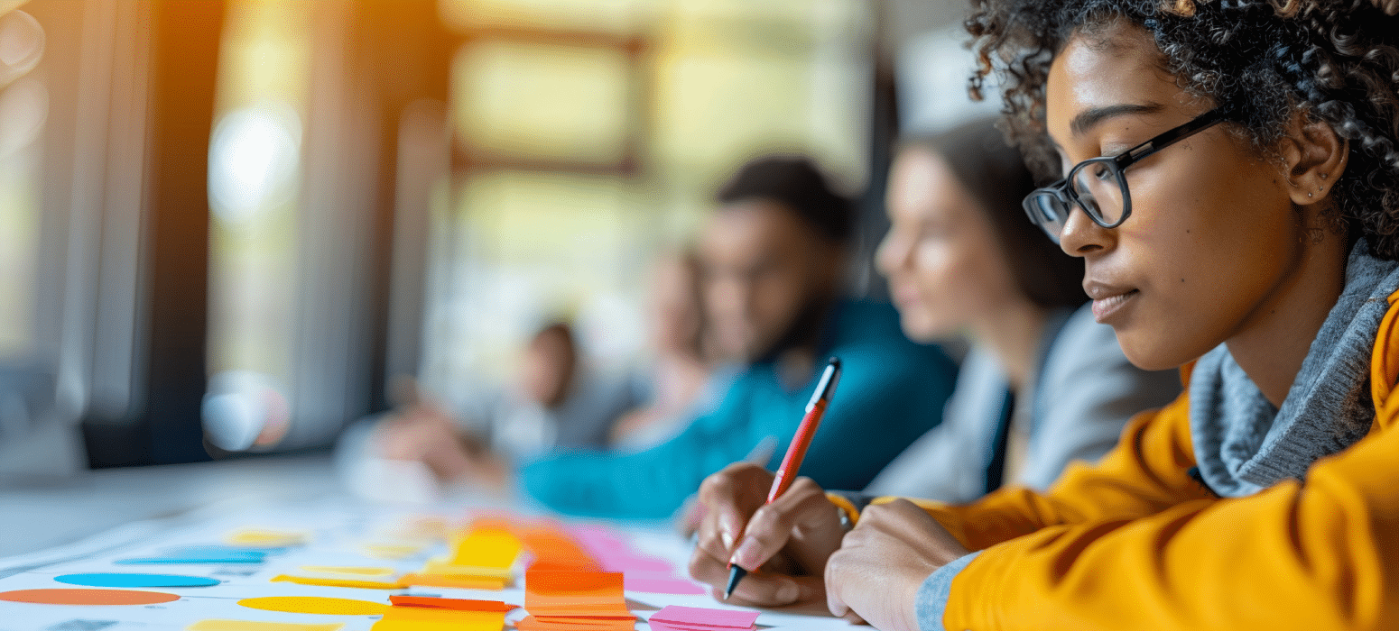 A young woman with glasses writes on a sticky note at a bright office table covered in colorful notes, while others work behind her.