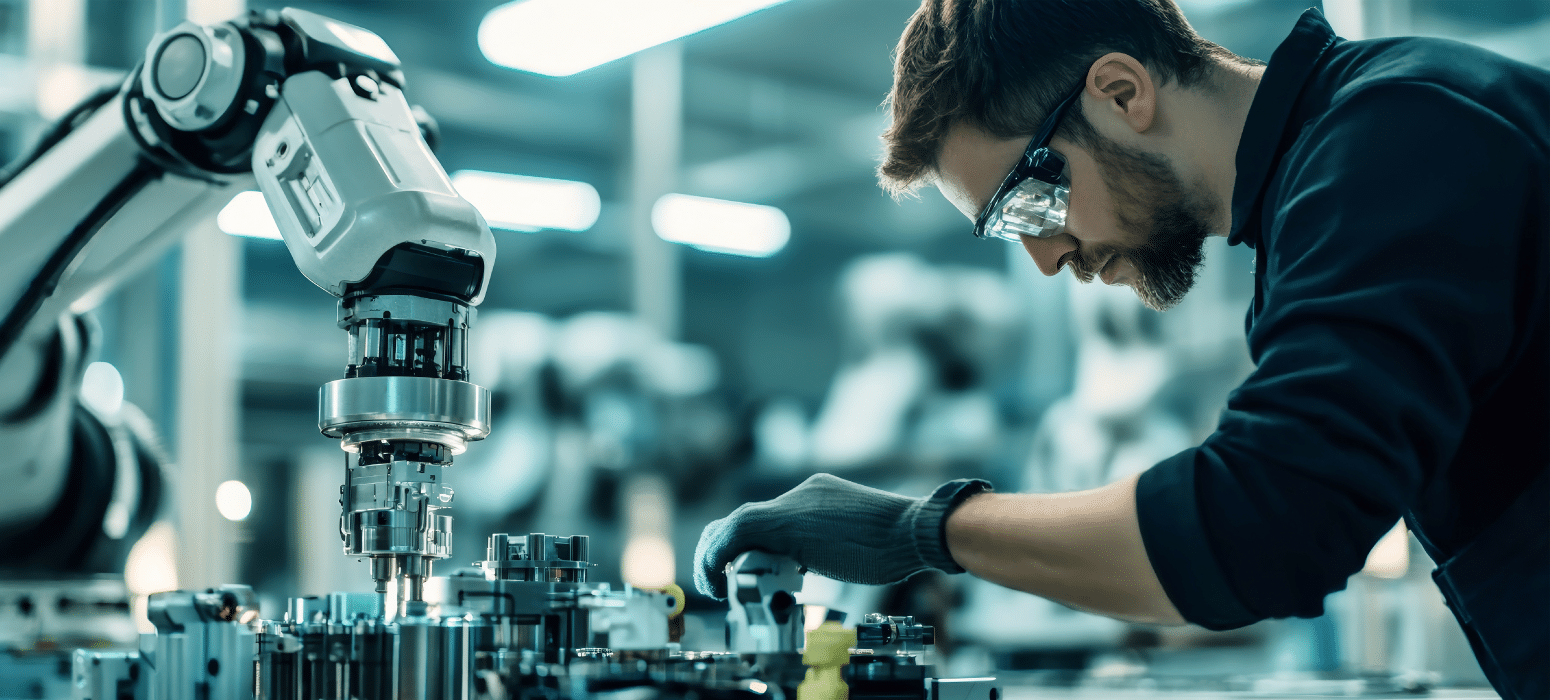 A man in safety glasses and gloves works beside a robotic arm assembling machinery parts in a modern industrial environment.