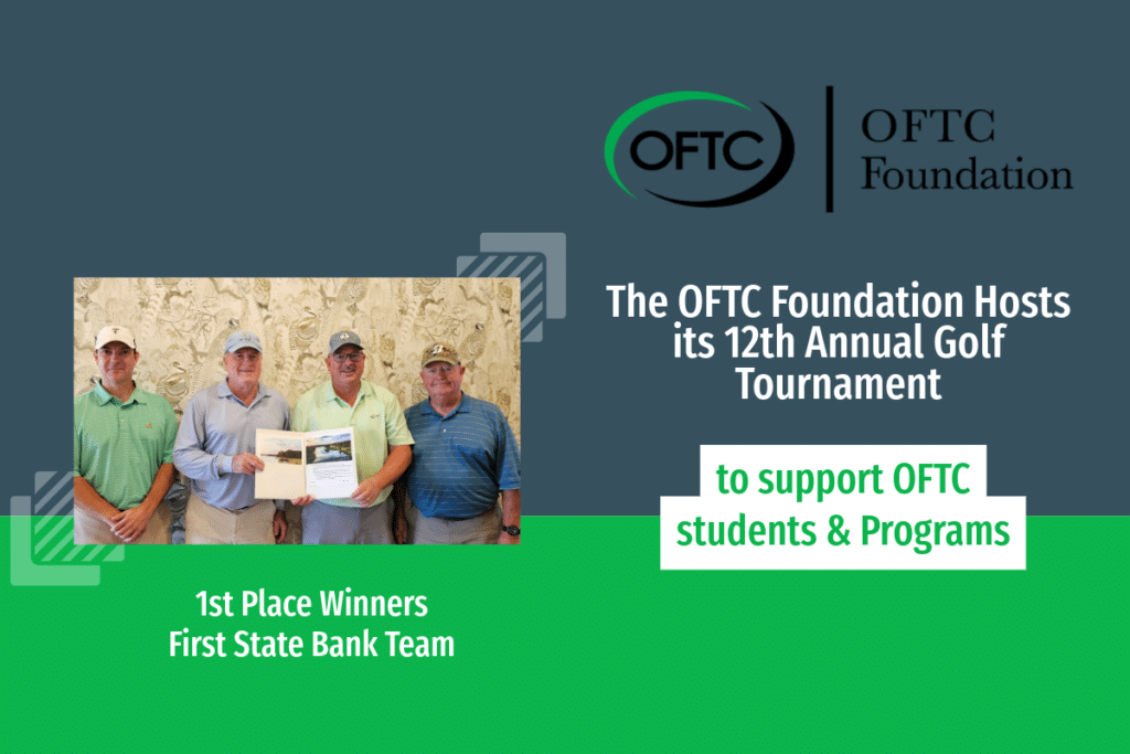 Four men pose with a plaque as the First State Bank Team, 1st place winners at OFTC Foundation’s 12th Annual Golf Tournament.
