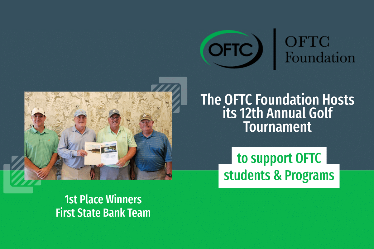 Four men pose with a plaque as the First State Bank Team, 1st place winners at OFTC Foundation’s 12th Annual Golf Tournament.