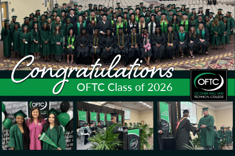 A collage shows OFTC graduates in caps and gowns, group and individual photos, people celebrating, and a congratulatory message Congratulations OFTC Class of 2026 with the Oconee Fall Line Technical College logo.