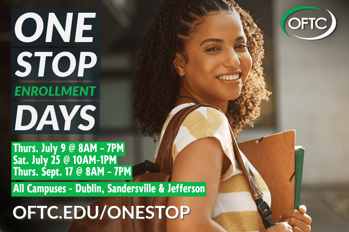 Smiling young woman with curly hair holds books and a backpack. Text promotes OFTC One Stop Enrollment Days, listing July and September dates, plus OFTC logo and website.